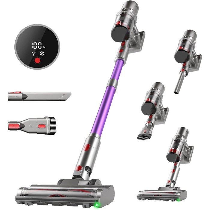 Бездротовий пилосос Hearten 4-в-1 з акумулятором, LED-дисплеєм та щіткою проти намотування, керуванням в один дотик, LED-підсвічуванням для шерсті тварин/килимів/твердих підлог, фіолетовий
