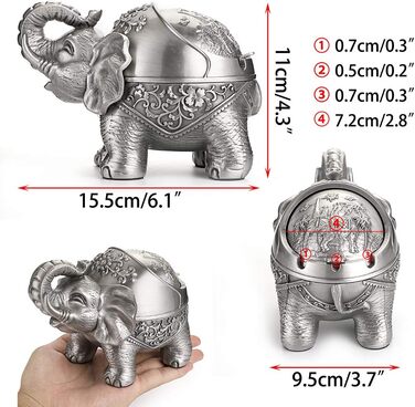 BSTKEY Vintage Ashtray with Lid – Elephant Shape, Table Ashtray, for Indoor and Outdoor Use, Retro, for Home, Office, Decoration Silver