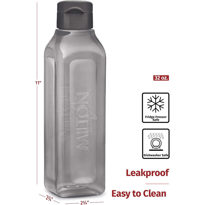 MILTON Sport Bottle, square, juice box style, ideal for juices, milk, smoothies, plastic, wide opening, leak-proof, BPA-free, (900 ml)