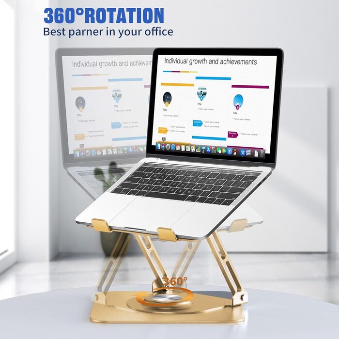 Adjustable Laptop Stand for Desk - 360° Rotating Base, Foldable & Portable - Fits 10-17 Inch Laptops (Gold)
