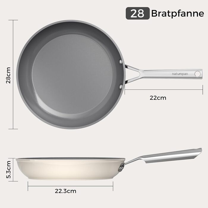 Пательня керамічна індукційна DiamondTitan 28 см бежева: антипригарна, без PTFE, PFOA, PFAS, для духовки та посудомийки
