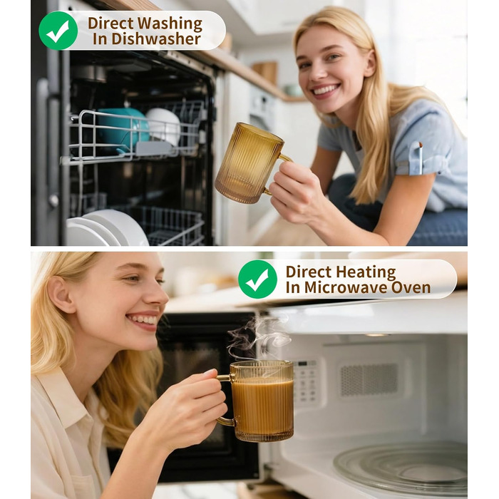 Набір з 4 чашок капучино 350мл, скляні, з рифленням, для лате/капучино/напоїв/кави/чаю - золоті