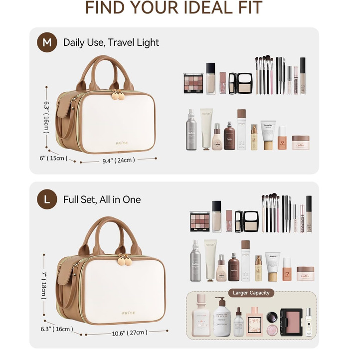 Косметичка для макіяжу Prite з великою місткістю, водонепроникна, з ручкою та кількома відділеннями, бежево-коричнева