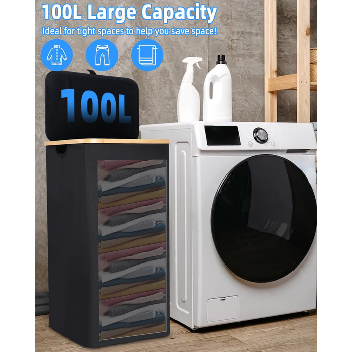 Laundry Basket with Lid 100L, Laundry Box with Bamboo Handles and Inner Pocket, Bamboo Laundry Collector, Large Capacity, Laundry Baskets, Foldable Laundry Baskets for Laundry Room, Bedroom, Bathroom (black)