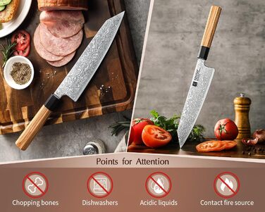 Японський ніж Kiritsuke XINZUO з дамаської сталі, 21.5 см, Gyuto, ручка з оливкового дерева та чорного рогу буйвола, ручна робота, з піхвою