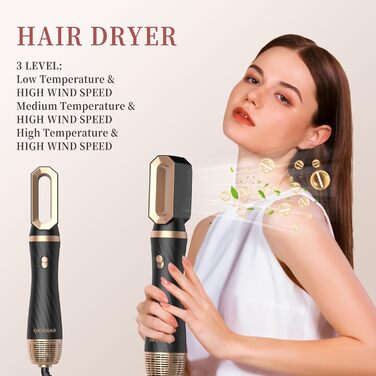 Набір для укладки волосся OKWRAP Airstyler 6 в 1: фен-щітка, автоматична завивка, об'ємні насадки, чорний/золотий