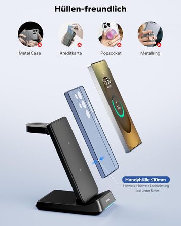 Бездротова зарядна станція 3-в-1 KPON для Samsung Galaxy Watch та смартфонів (S26/S25/S24/S23/S22/Z Flip/Fold, Buds) - Чорна, складна, індуктивне заряджання