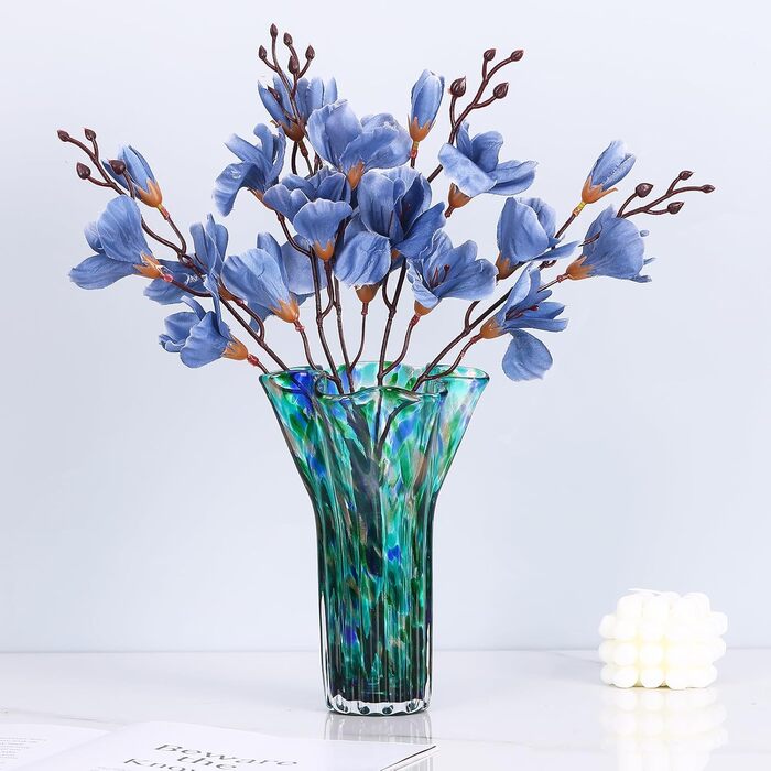 Ваза 22,9 см блакитно-зелена, виготовлена з ручного видутого скла, сучасний дизайн, широке горлечко, ідеальна для квітів та декору, для вітальні, кухні, весілля, офісу