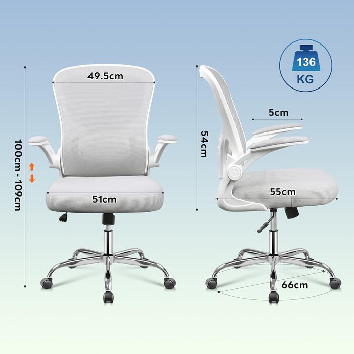 Офісний стіл DEVAISE: ергономічний крісло з регульованою підтримкою попереку та відкидними підлокітниками, регульована висота, білий, до 136 кг, без підголівника