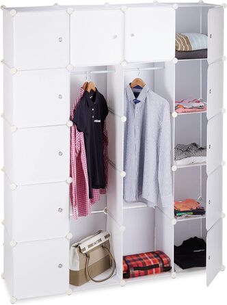 Relaxdays Clothes Rack System with 2 Clothes Rails, Wardrobe with 14 Compartments, Plastic Shelf System (White)