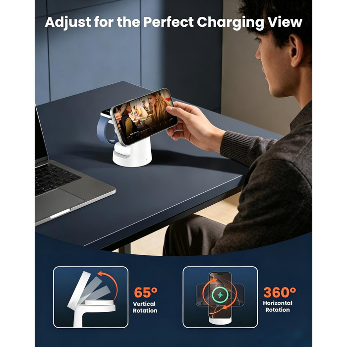 Зарядна станція GEEKERA Qi2.2 25W 3-в-1 з нічником, MagSafe сумісна, для iPhone 12-17, Apple Watch 2-11, AirPods + 45W GaN адаптер (Матовий білий)