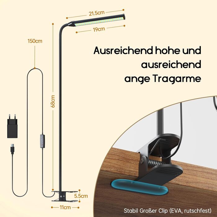 Стійка лампа Aisutha для столу з LED, 3 кольори, 10 рівнів яскравості, регульована, захист очей, для офісу, кабінету та майстерні (чорний)