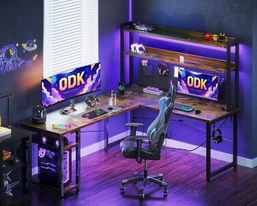 Ігровий стіл ODK з LED-підсвіткою, L-подібний реверсивний письмовий стіл з розетками, кутовий стіл з верхньою полицею для фігурок, вінтажний коричневий, 150×120 см