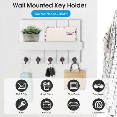 Дерев'яне ключниця з поличкою, 5 гачків, для прихожої, спальні, вітальні, білий колір