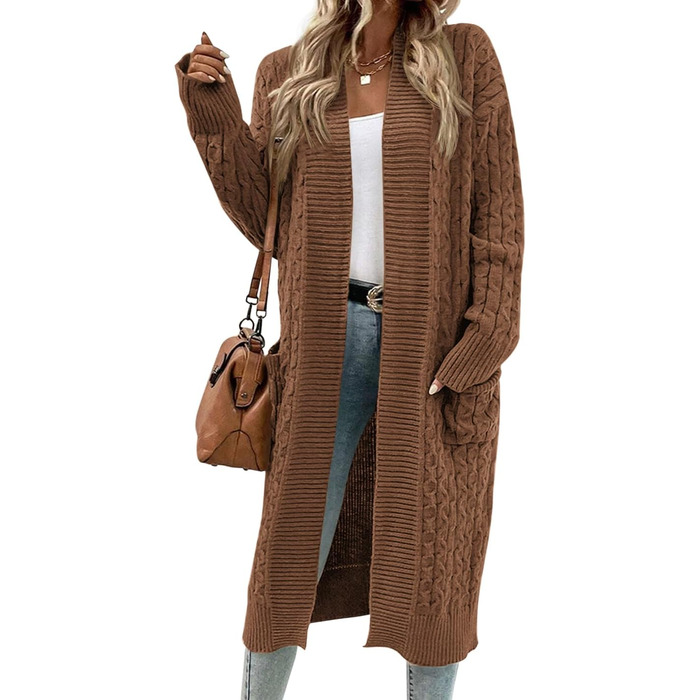 Жіночий в'язаний кардиган Saodimallsu Strickjacke: довгий, об'ємний, з кишенями, світло-зелений (колір: коричневий, розмір: S)