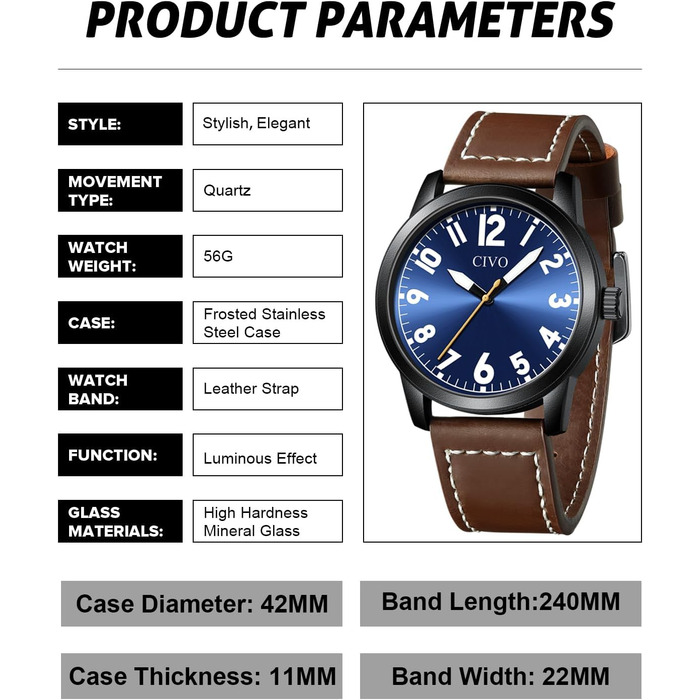 Годинник чоловічий CIVO з великими цифрами: аналоговий класичний годинник на зап'ясті з великими цифрами - водонепроникний кварцовий годинник у стилі мілітарі для чоловіків з підсвічуванням - подарунок для чоловіків, людей похилого віку з поганим зором, коричневий A1
