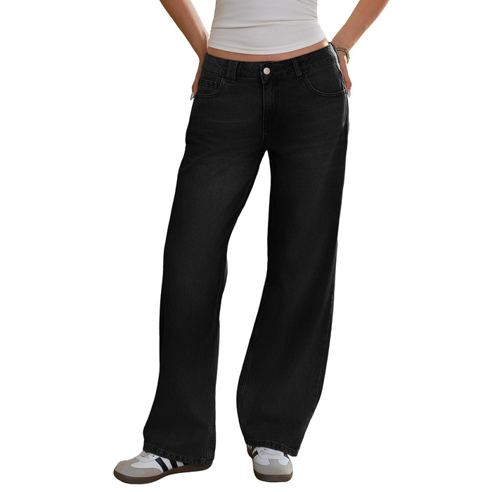 Джинси жіночі Fisoew Baggy з широкими штанинами, середньої посадки, прямий крій, чорні, розмір 34