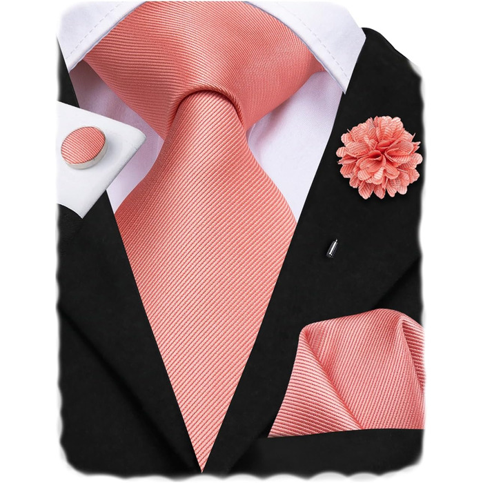 Комплект краваток для чоловіків Hi-Tie: краватка, нагрудна хустинка, кравецькі шпильки, запонки, формальний шовк, для весілля та свят (кораловий)