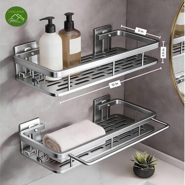 Полка для душу Evaland з алюмінію, 2 шт. з гачками та стійкою для рушників, без свердління, стійка до іржі, преміум-органайзер для ванної кімнати, кухні, сріблястого кольору