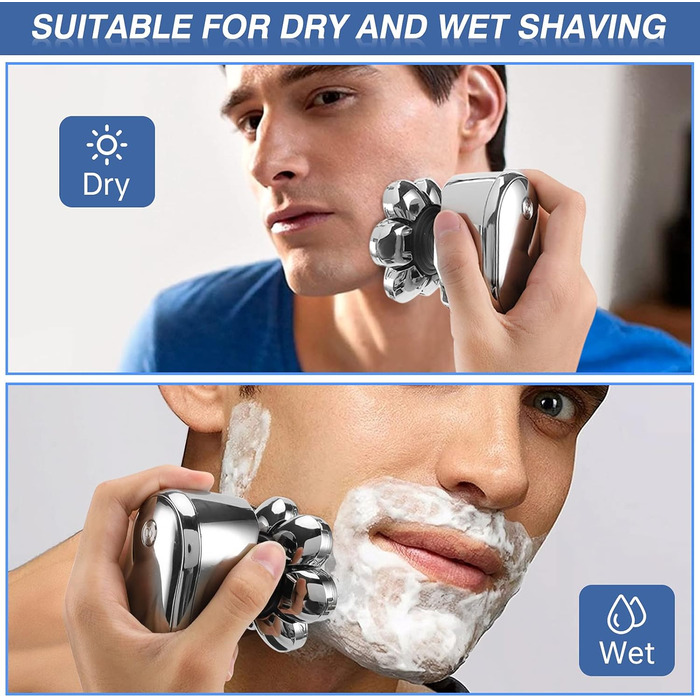 Електричний голкострум для голивної голови Glatzen Rasierer: 7D плаваюча головка, ротаційний голкострум 6-в-1, вологостійкий, для догляду за обличчям (сріблястий)