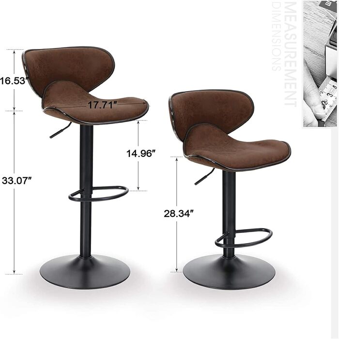 Alpha Adjustable Height Bar Stools 2-Pack - Swivel PU Leather Kitchen Bar Chairs with Footrest - 160KG Capacity (Brown)