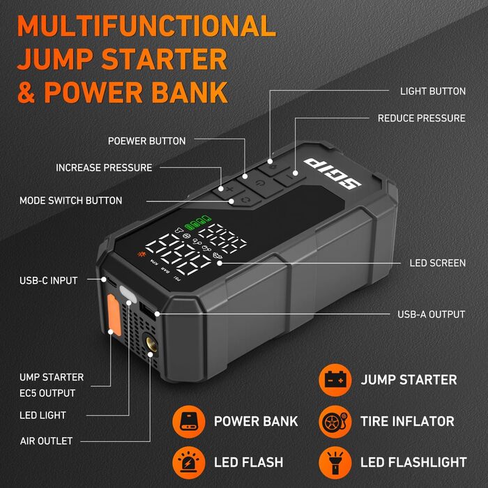 Пускозарядний пристрій для авто 7000A з компресором 150PSI, Powerbank 26800mAh для бензину (до 9л) та дизеля (до 8л), LED-ліхтар