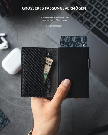 Кредитне портмоне VULKIT з RFID захистом, шкіряне, автоматична висувна картка, для карток та нотаток, чорне