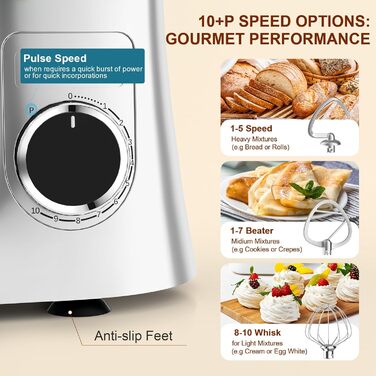 Кухонна машина-міксер Facelle 1500W з 5.5/4.5л чашею, 10+ програм, тиха робота, набір насадок (крюк, вінчик, віночок, захист від бризок)