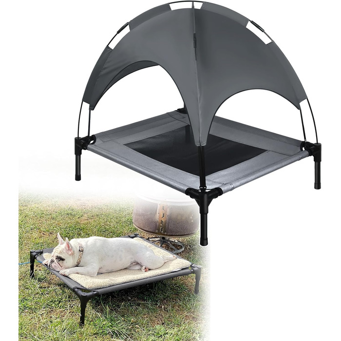 Підвищене ліжко для собак UISEBER 92x76x92 см, Outdoor з дахом, до 50 кг, водонепроникне, сіре+чорне