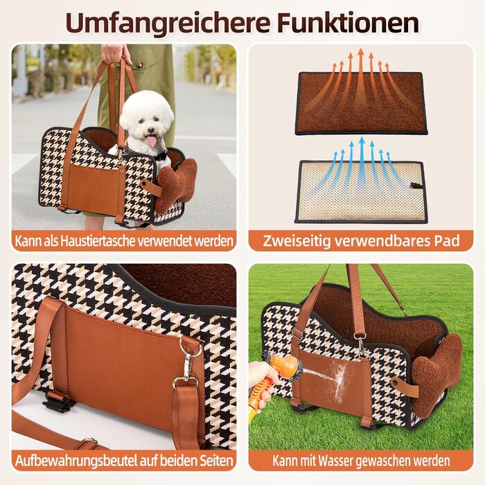 Автокрісло для собак та котів GGW | Безпечне автокрісло для маленьких собак та котів, водонепроникне, з бічними кишенями та швидкою установкою (сумісне з 99% підлокітників) (Колір: Коричневий, Стиль: Класичний)