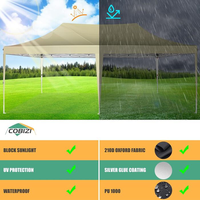 COBIZI Pavilion 3x3 Waterproof, Stable, Winter-Proof Party Tent, Folding Pavilion 3.0, 100% Waterproof and UV 50+ Portable High-End Portability Garden Pavilion, (Khaki, 3x6 with 6 Side Walls)