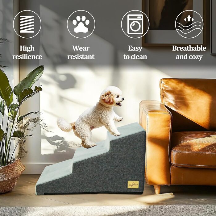 Сходинки для собак BingoPaw: 3 сходинки, 40 см, знімний чохол, протиковзкий, для маленьких собак, котів, до дивану/ліжка, 39x65x40 см