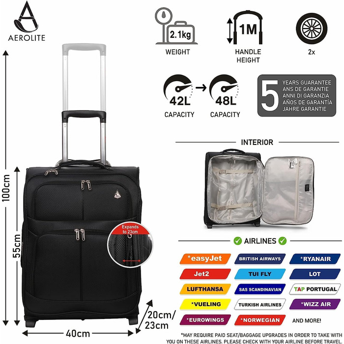 Розширюваний ручний багаж Aerolite 55x40x20/23 см - Сумісний з Lufthansa, Eurowings, Condor, SunExpress, TUI та іншими авіакомпаніями