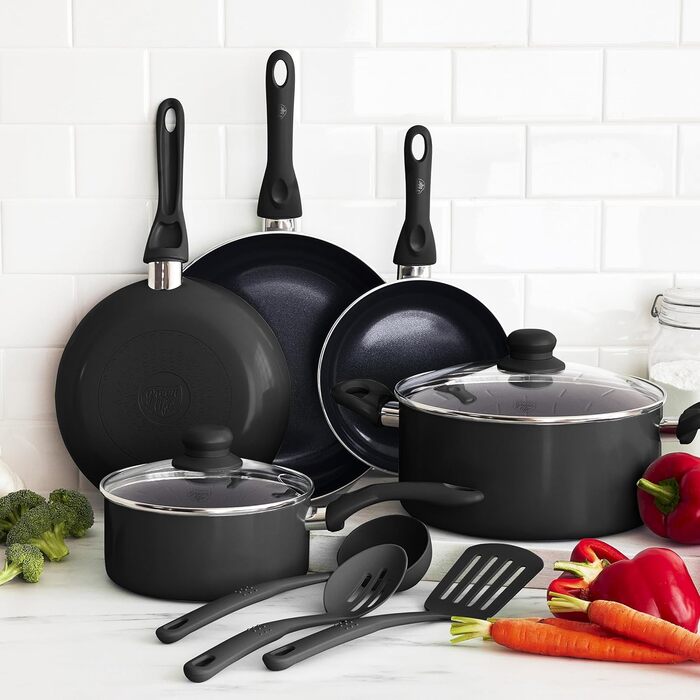 Набір кухонного посуду GreenLife Essentials 10 предметів: здорові антипригарні сковороди та каструлі з керамічним покриттям, без PFAS та PFOA, придатний для миття в посудомийній машині, рівномірний нагрів, чорний