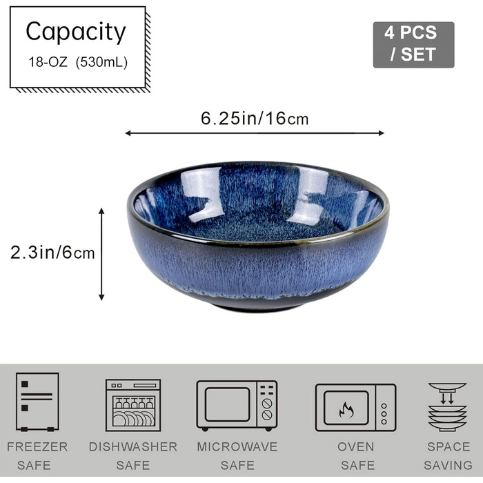 Набір тарілок UNICASA (4 шт.) з порцеляни, 16 см, блакитні - для супу, десерту, каші