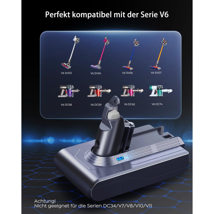 Акумулятор FLYLINKTECH 8.0Ah V8 для пилососів Dyson V8 Absolute/Animal/Fluffy/Motorhead SV10 з 2+1 фільтрами та 4 гвинтами