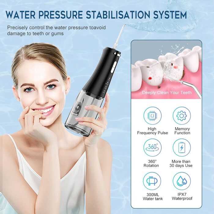 Іригатор для порожнини рота Wasser Dental з 4 режимами, 300 мл, для чищення зубів та міжзубних проміжків, портативний, IPX7, чорний