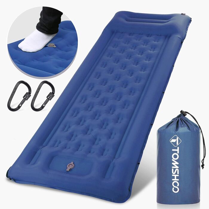 Надувний килимок для кемпінгу Tomshoo з інтегрованим насосом, подушкою та сумкою, блакитний