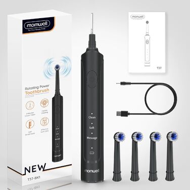 Електрична зубна щітка Mornwell ротаційна з 3 режимами, USB зарядка, 4 насадки, для дорослих та дітей (Чорна)