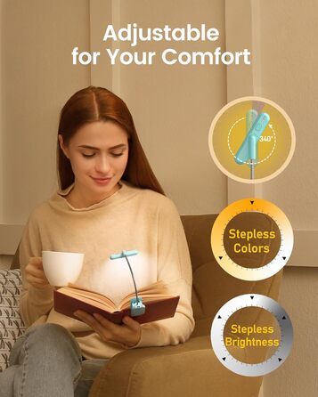 LED лампа для читання Glocusent з кріпленням на книгу, 22 світлодіоди, таймер, регулювання яскравості та кольору, акумулятор 1000 mAh (до 100 годин), для книголюбів, блакитна