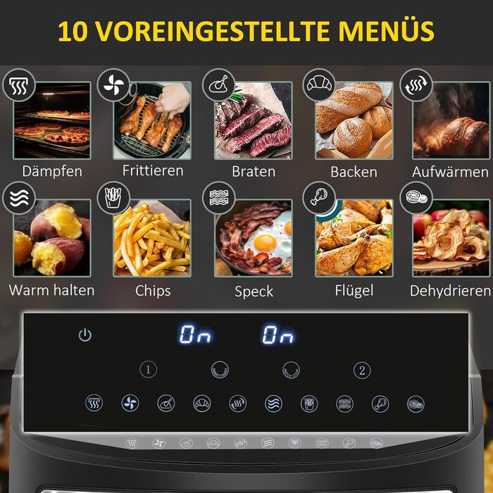 HOMCOM 8L Hot Air Fryer with Double Chamber, Air Fryer with 10 Programs, 2400W Air Fryer with Touchscreen, Recipe Book, Oil-Free, Black