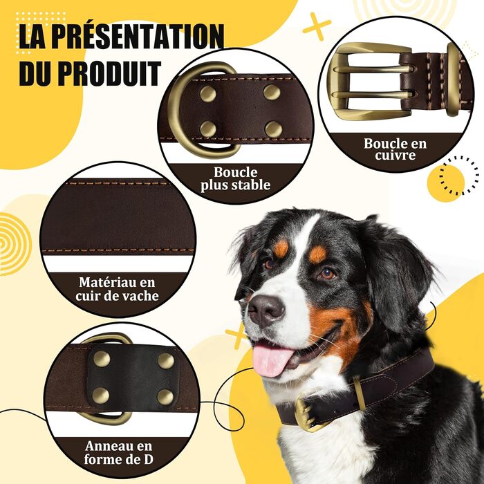 Нашийник для собак з натуральної шкіри, великих порід, XXL - міцний нашийник з латунною застібкою та D-подібним кільцем