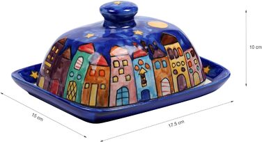 Butter dish with lid, designed by Gall&Zick, handcrafted from ceramic, for a standard 250g block of butter, colorfully hand-painted, dishwasher-safe (New Village)
