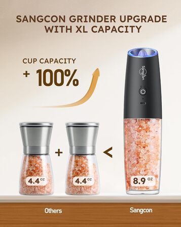 Електричний набір для солі та перцю Sangcon Gravity, 255г, USB-зарядка, LED-підсвітка, регулювання помелу, автоматичний млин (чорний)