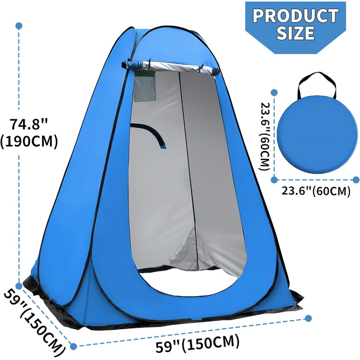OUUTMEE Pop-Up Shower Tent - Portable Changing Room for Beach, Outdoor UV Protection - Camping Shower Tent for Hiking, Beach, Camping, Picnics, Fishing - 150x150x190cm Blue