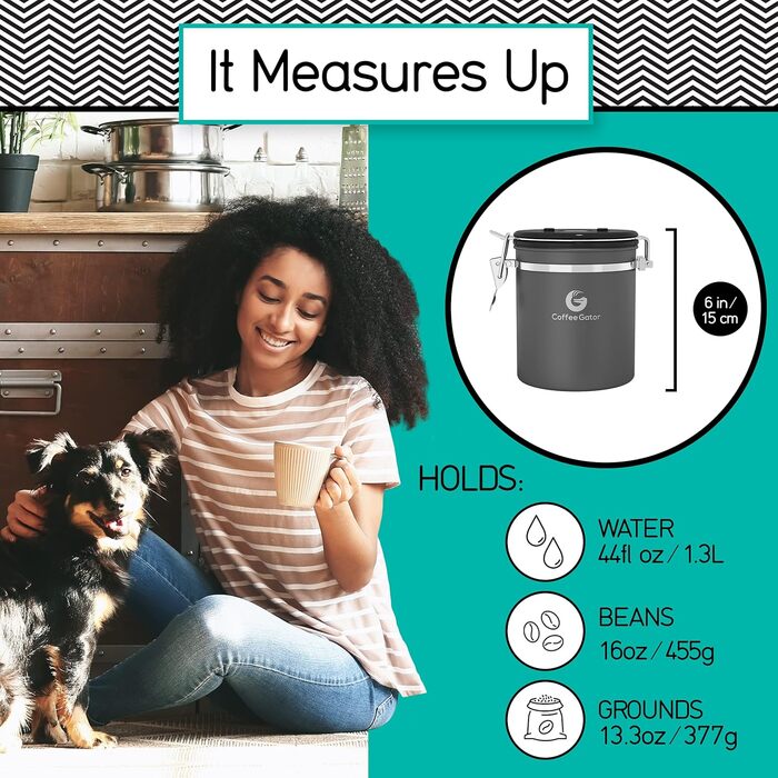 Контейнер для кави Coffee Gator з нержавіючої сталі, герметичний, з датою відкриття, клапаном CO2, мірною ложкою, для кавових зерен, меленої кави, горіхів, чаю, цукру, борошна, у подорожах, срібний, M/Mini