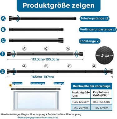 Штанга для штор без свердління AIZESI 70-120см, телескопічна, чорна, діаметр 22мм