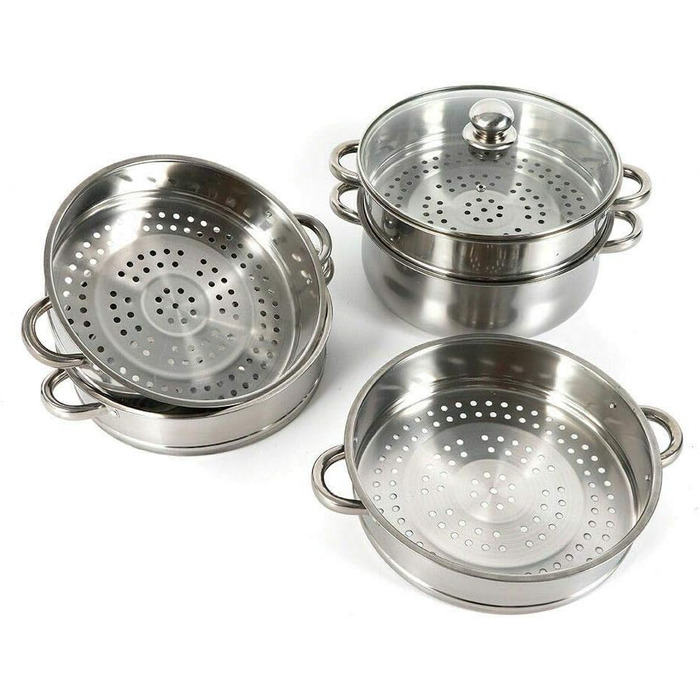 Паровий котел з нержавіючої сталі, 4 контейнери для приготування на пару, з кришкою з термостійкого скла (28 см)