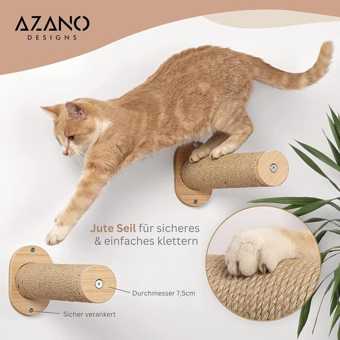 AZANO® Cat Wall | Cat Hammock XL [Extra Stable and Large] with Cat Ladder for the Wall | Cat Ladder with Sleeping Place | Climbing Cat Bed made of Natural Wood | 3-Piece (with Scratching Posts)