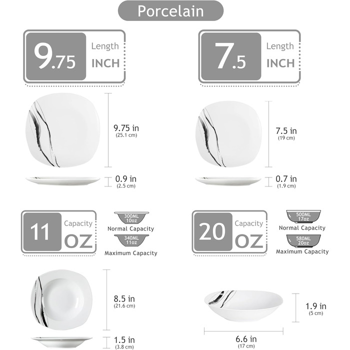VEWEET Набір посуду з порцеляни для 4 осіб (24 елементи), серія FIONA: чорно-сірий декор, 12 елементів (тарілки та миски), підходить для щоденного використання, миється в посудомийній машині та розігрівається в мікрохвильовці